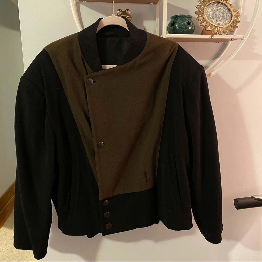 Maurizio Bonas Vintage Italy Green Black Shoulder Pads Bomber Coat Size 50 Large